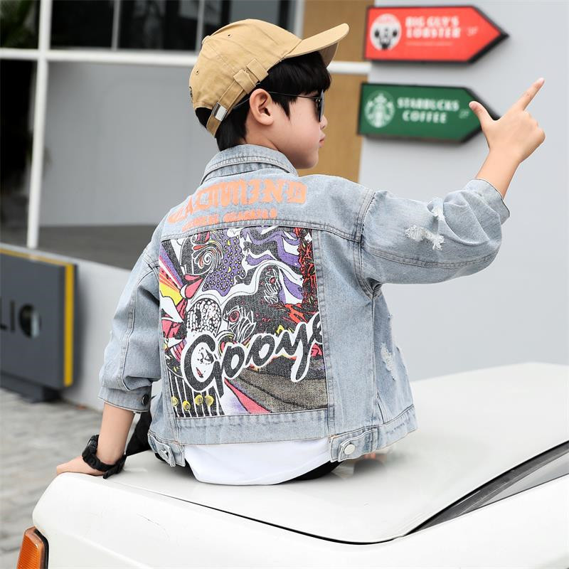 

Kids Denim Jacket 4-15T Children Autumn Hole Jacket Teenage fashionable Graffiti Patch Design Coat Fall Boys Girls Outerwear, Black