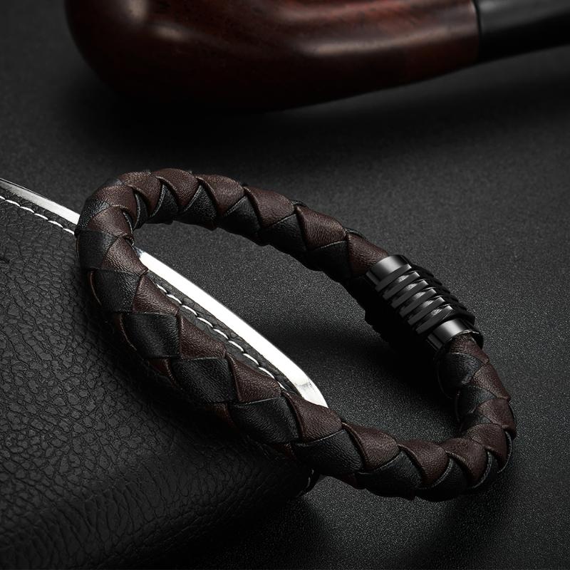 

Men Jewelry Punk Black Braided Genuine Leather Bracelet Stainless Steel Magnetic Buckle Fashion Bangles 21.5 cm