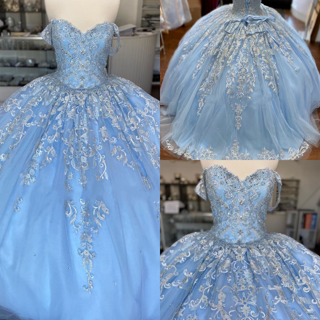 

Baby Blue Lace Tulle Sweet 16 Dresses Off The Shoulder Floral Applique Tulle Beaded Corset Back Vestidos De Quinceanera Ball Gowns Prom, Pink