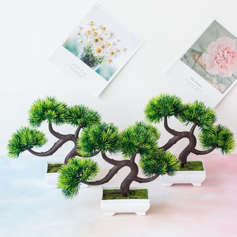 

23x28cm Green Artificial Pine Tree Potted Bonsai 4Forks Grass Ball Simulation Guest Greeting Small Tree Plants Bonsai Home Decor