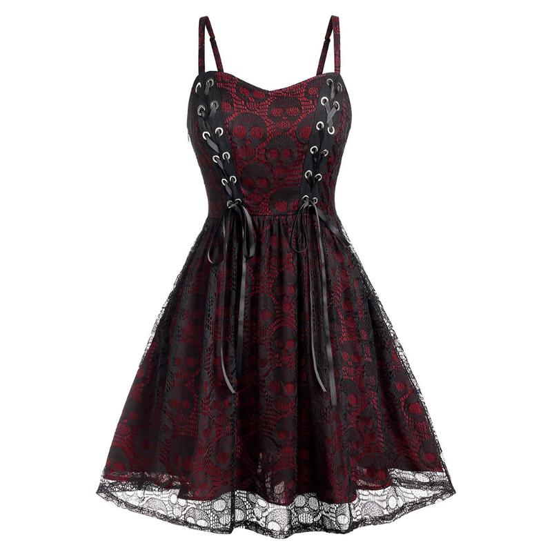 

Women Gothic Black Dress Plus Size Halloween Lace Mesh Patchwork Sleeveless Camisole Party Dress Casual Women Elegant Dresses, Red