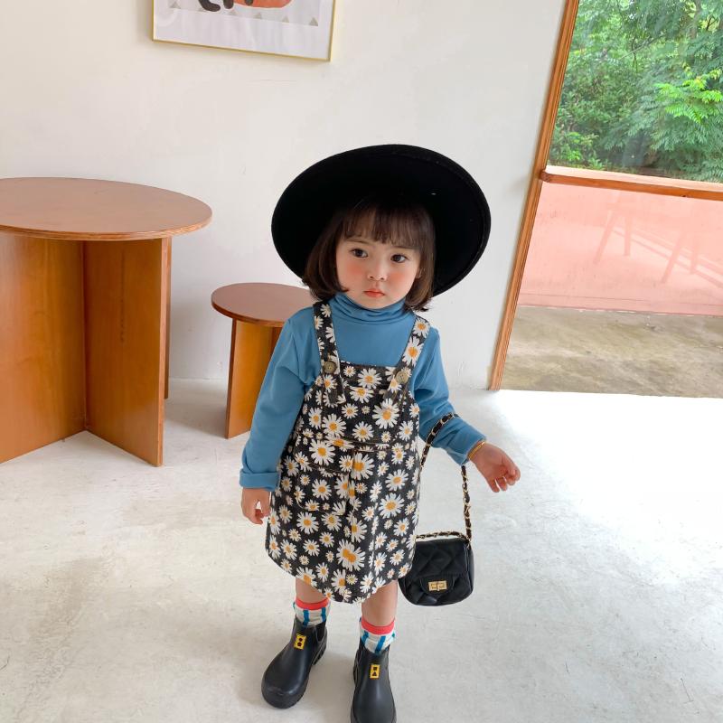 

2020 Autumn New Arrival Girls Fashion Floral Dress Kids Korean Design Overalls Dresses, Black