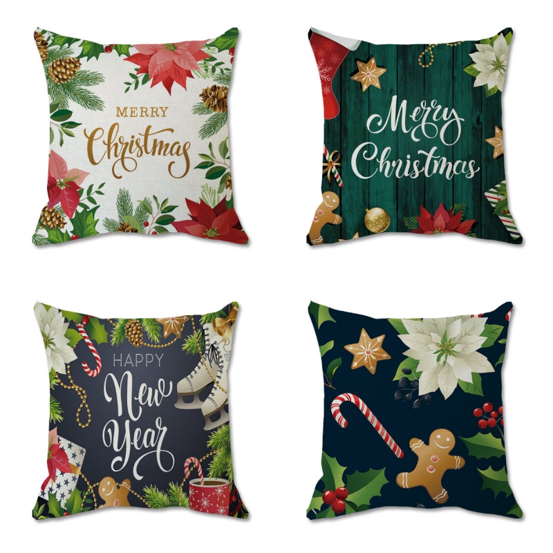

Christmas Linen Pillow Case Elegant Rose Letter Printed Pattern Cushion Cover Forest Green Sofa Pillow Cover