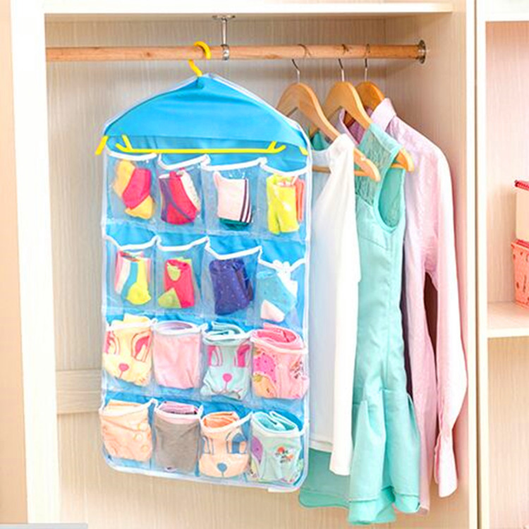 

Clothing Hanger Closet Shoes Underpants Storage Bag 16 Pockets Foldable Wardrobe Hanging Bags Socks Briefs Organizer, Beige
