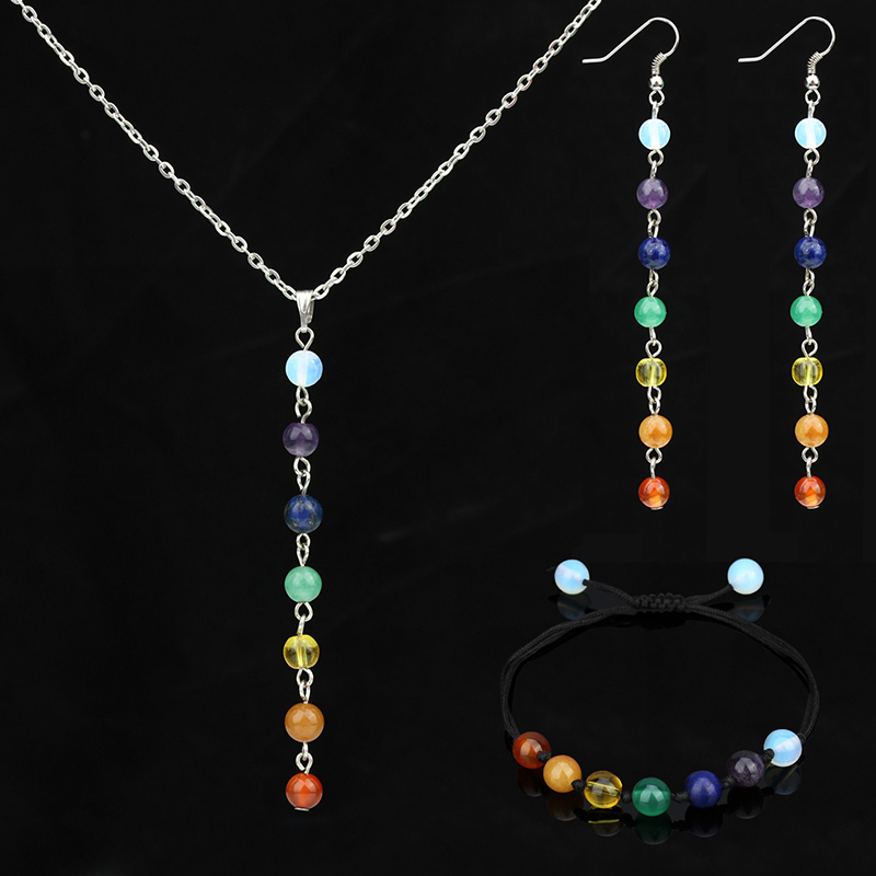 

Silver Color Jewelry Sets Women Bridal 7 Chakra Natural Stone Beads Necklace Bracelet Earrings Wedding Party Sets Bijoux Femme, As pic