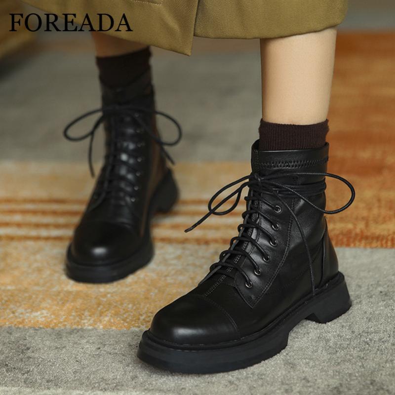 

FOREADA Motorcycle Boots Woman Real Leather Ankle Boots Lace Up Med Heel Short Thick Heel Female Shoes Autumn Winter Black, Black velvet lining