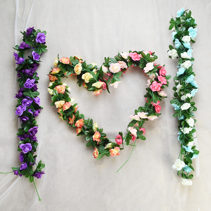 

2.4M Artificial Silk Rose Flower Rattan String With Green Leaves Garland Fake Ivy For Romantic Wedding Arch Home Garden Decor, B02