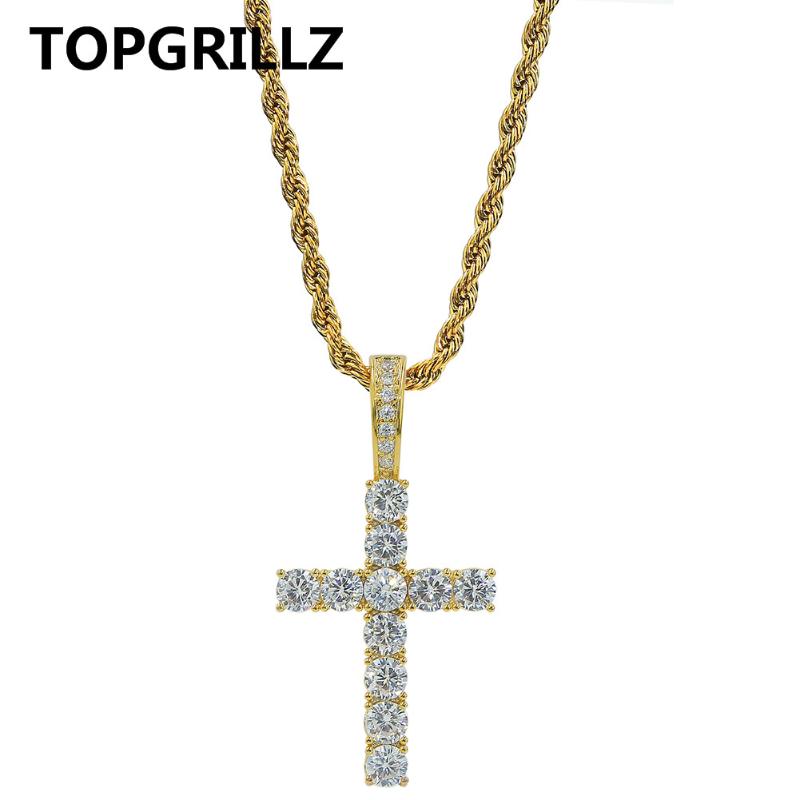 

TOPGRILLZ Hip Hop Pico Harvey Cross Pendant Necklaces Micro Pave + CZ Necklace 18'' 20'' 24" 30" Link Dropping, Silver
