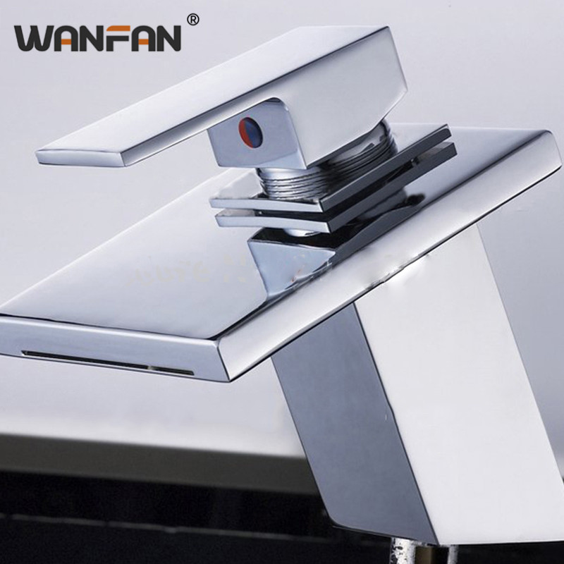 

Modern Bathroom Waterfall Basin Faucet Simple Brass Polished Chrome Faucets Square Sink Taps Deck Mounted Water Mixer Tap WF6086
