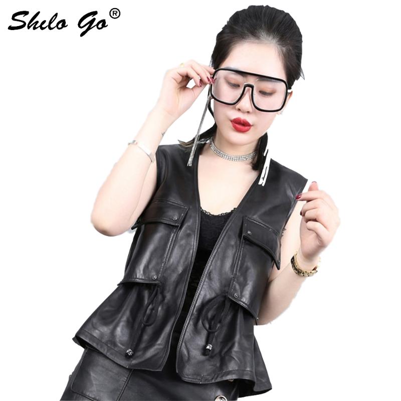 

SHILO GO Leather Vest Womens Spring Fashion sheepskin genuine leather Vest V Neck front pocket tie waist Casual ruffles, Black