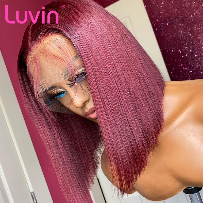 

Luvin 99J Burgundy Short Bob Wig 13X4 HD Transparent Lace Front Human Hair Wigs Straight Brazilian Colored Frontal Wig Black, As pic