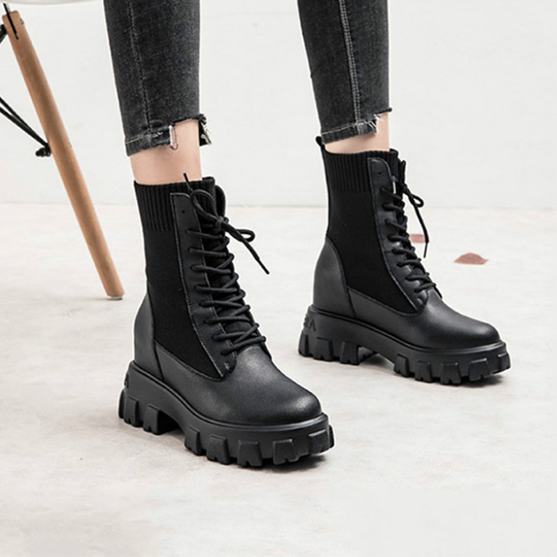 

Autumn Winter Boots Women Casual Increased Solid Women's Shoes Vintage PU Leather Lace-up Ladies Casual Shoes Footwear VT521, White