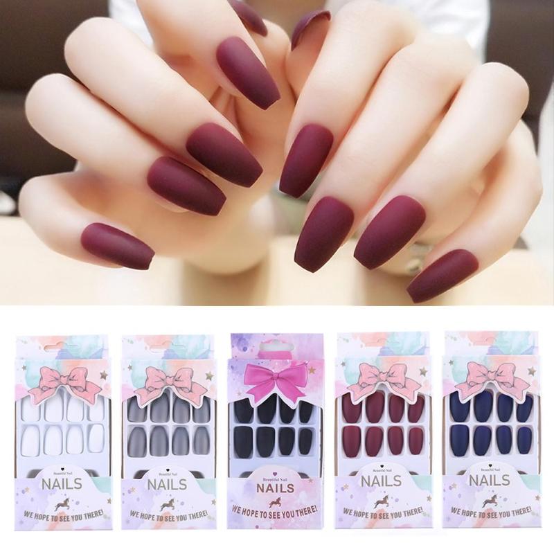 

24pcs Nail Patch Solid Color DIY Scrub Ballet Self-Adhesive Fake Nail Tips Design For Nails Accessoires Forms For Extension, Black