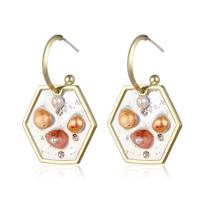 

Hongye Female Drop Earrings Gold Color Natural Pearl Decorative Hexagon Big Dangler Transparent Girls Summer Dangler