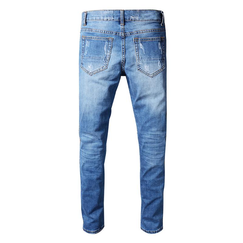 

Pleated Men's Blue Patchwork Hole Ripped Biker Jeans For Motorcycle Casual Slim Skinny Distressed Stretch Denim Pants