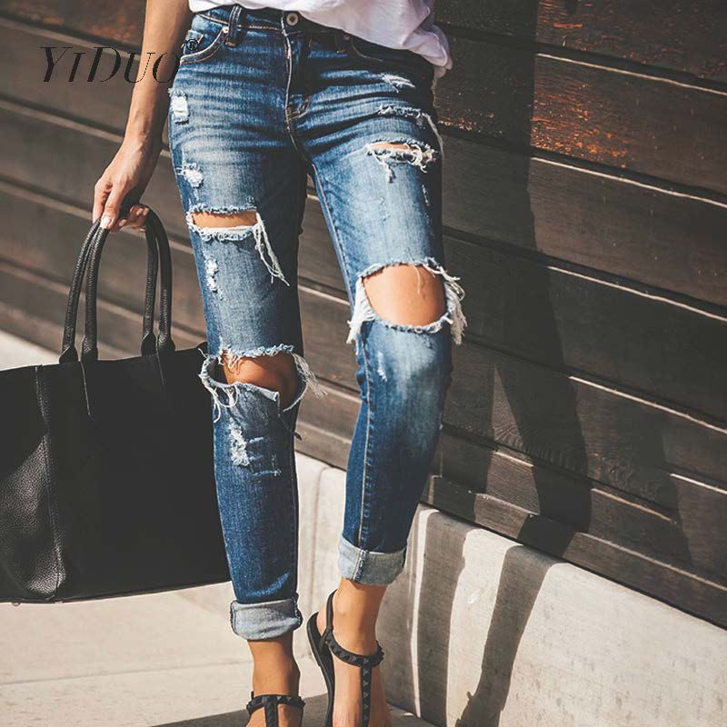 

YiDuo Hole Ripped Jeans Women High Waist Boyfriend Jeans Streetwear Casual Denim Pencil Long Pants Elasticity Skinny Trousers, 679 blue
