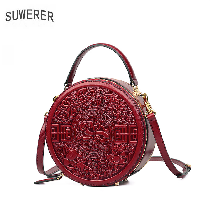 

SUWERER Women Genuine Leather bag fashion cowhide Embossed bag luxury handbags women bags designer bags, Black