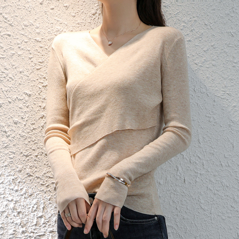 

2020 Autumn/winter V-neck sweater slim-cut pullover bottom sweater women's plain color with a top, Black