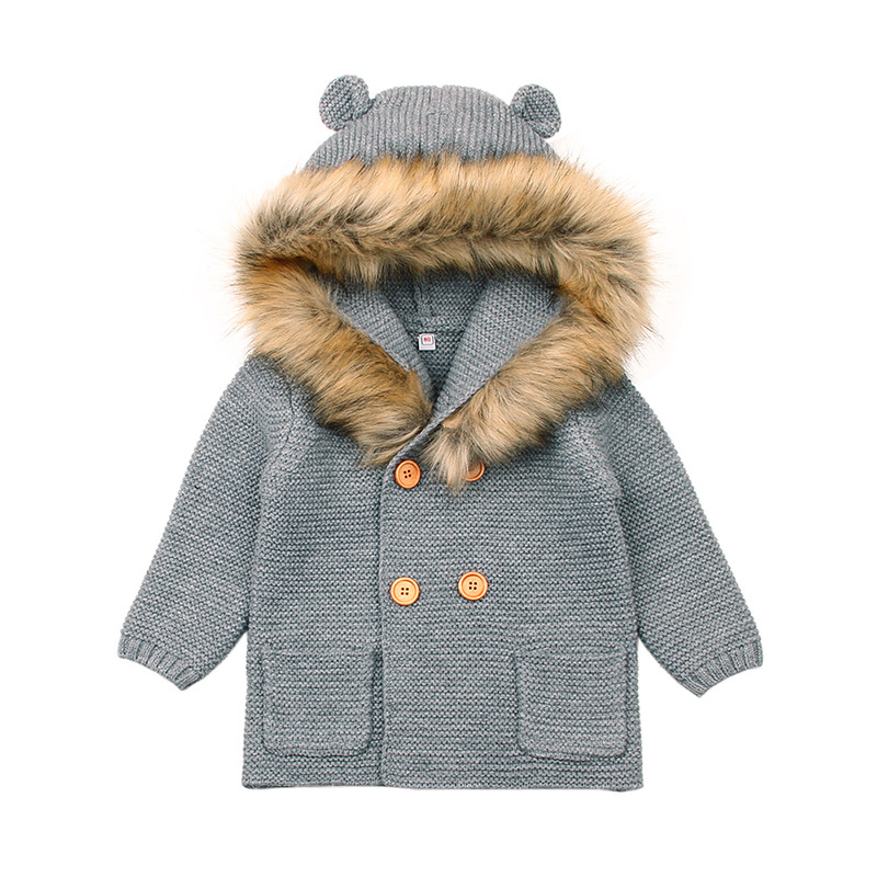 

2020 new children's sweater sweater explosion models hooded fur collar knitted jacket long-sleeved autumn and winter coat, Gray