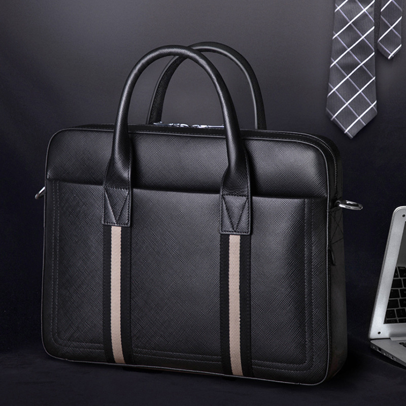 

Scione 2020 Japanese and Korean Trendy Striped Briefcase Men's New Handbag Business Leather Bag Horizontal Large Capacity Bag, Black
