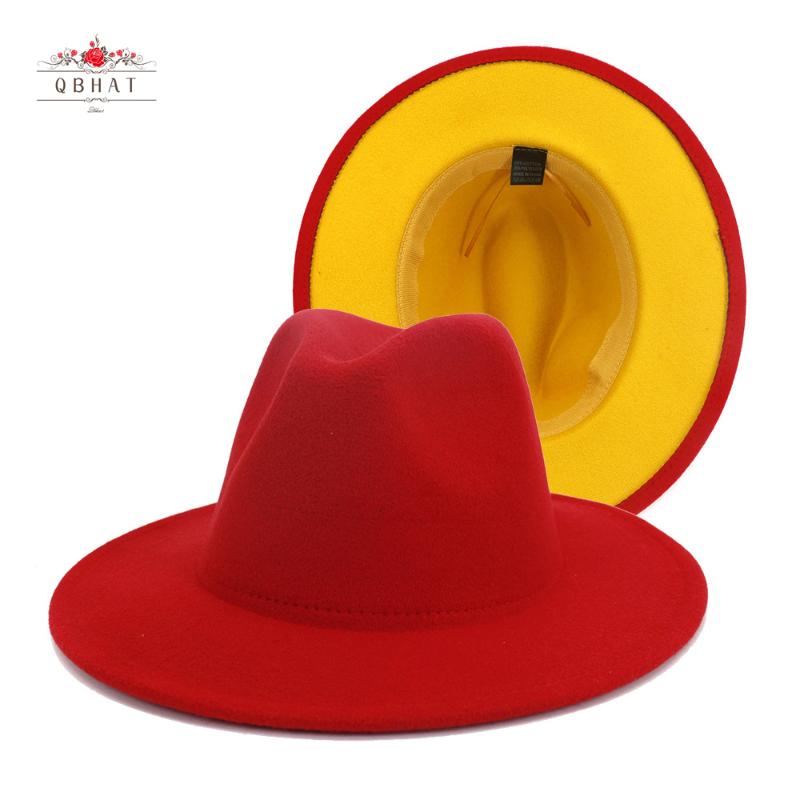 

QBHAT Red Yellow Patchwork Wool Felt Panama Fedora Wide Brim Hat Flat Brim Top Jazz Cap for Ladies Women Men Casual Hat, Red and yellow