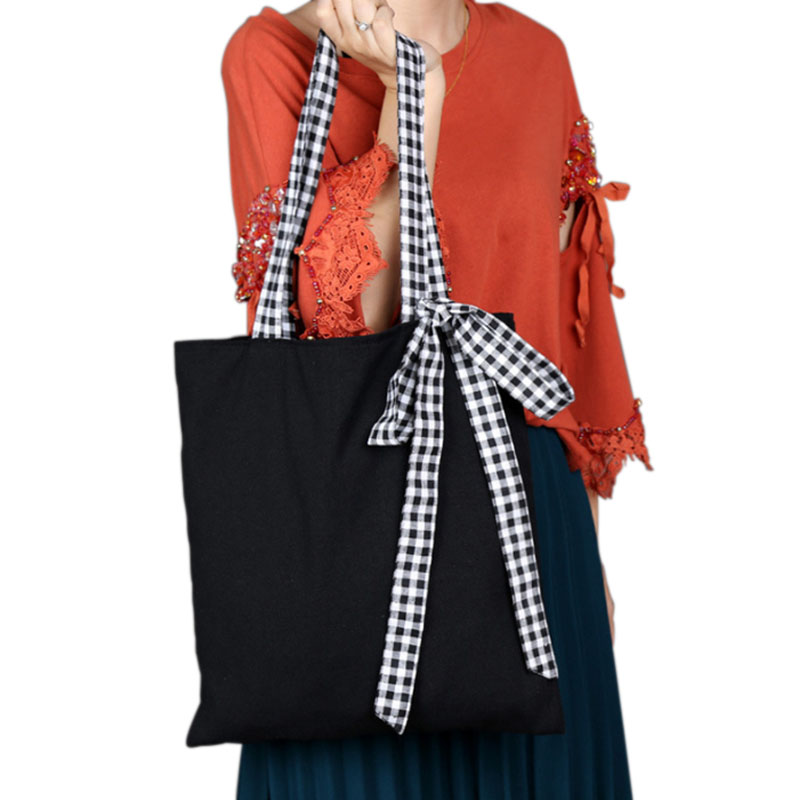 

Lady Bow Canva Bag Black Shoulder Bags Portable Plaid Canvas Shopping