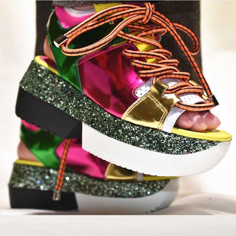 

Fashion Women Sandals Lace-up Shoes Women Platform Flat Sandalias Rome Tide Mujer Zapatillas Mujer New Designer Chaussures Femme, As show