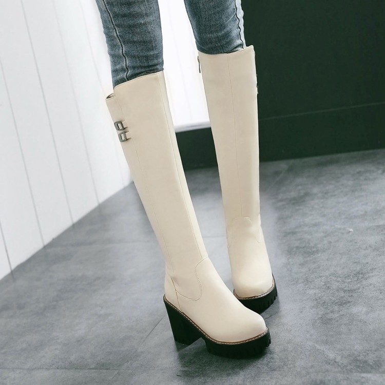 

PXELENA Chunky Block High Heels Knee High Boots Women Side Zipper Platform Punk Gothic Long Riding Knight Boots Plus Size 34-43, White