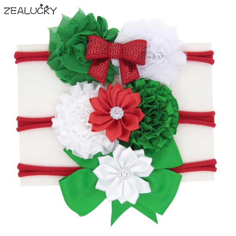 

3pcs/set Christmas Kids Headband Ribbon Hair Bow Chiffon Shabby Flower Hairband Girls Soft Elastic Crystal Headwear Accessories, Qn09051-01