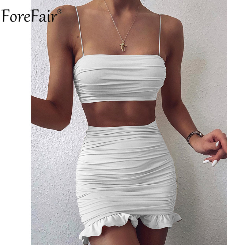 

Forefair Sexy Summer Two Piece Set White Spaghetti Strap Crop Top Backless And Bodycon Mini Skirt Party Outfit 2020 Women Sets