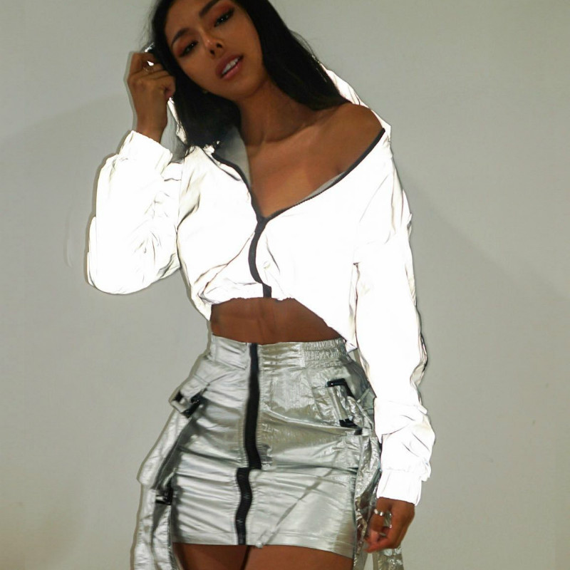 

2020 Fashion Women Punk Style Sexy Reflection Jacket Crop Tops Long Sleeve Zip Hoodies Shirts Spring Summer Hip Hop Tops Shirts, Gray