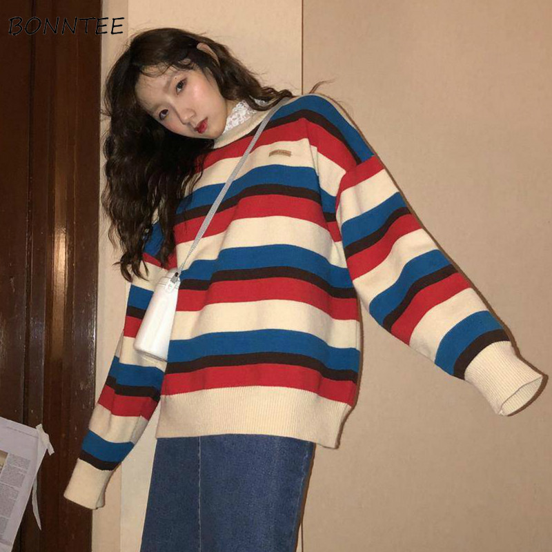 

Sweaters Women Harajuku Striped Lazy Soft Korean Chic Lady Streetwear All-match Basic Long Sleeve Autumn Winter Womens Knitwear, Apricot