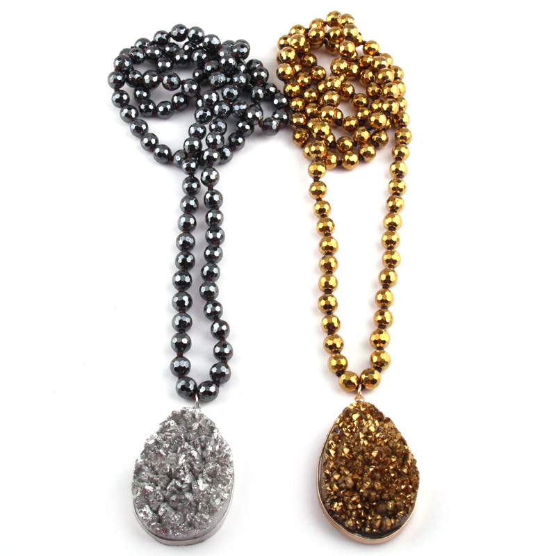 

Fashion Faceted Gold Hematite Stone Long Knotted Neck Handmade Druzy Drop Pendant Necklaces Women Ethnic Necklace