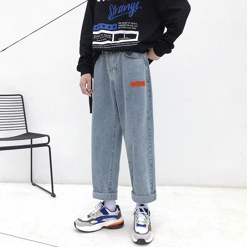 

Mens Korean Fashoins Blue Jeans Pants 2020 Vintage Straight Pants Harajuku Jeans Casual Autumn Belted Wide Leg Mens, Black jeans