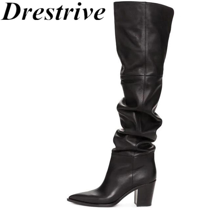 

Drestrive Women Over Knee High Boots Cow Leather Pointed Toe 2020 Arrival Winter Shoes High Heels Folds Size 45 Black, Black autumn