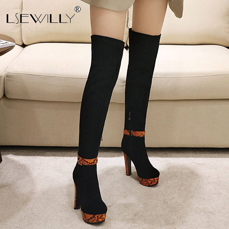

Lsewilly 2020 new over the knee boots women round toe mixed colors flock high heel platform boots ladies party shoes big size, Blue
