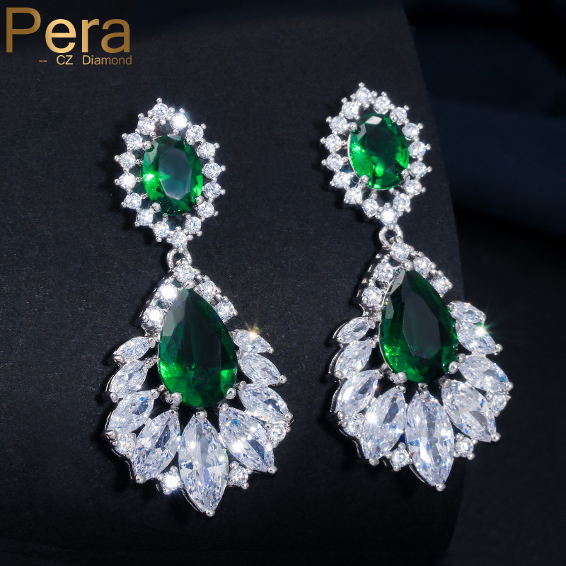 

Pera Luxury Silver Color Jewelry Green Long Chandelier Cubic Zirconia Crystal Bridal Wedding Big Drop Earrings For Women E001
