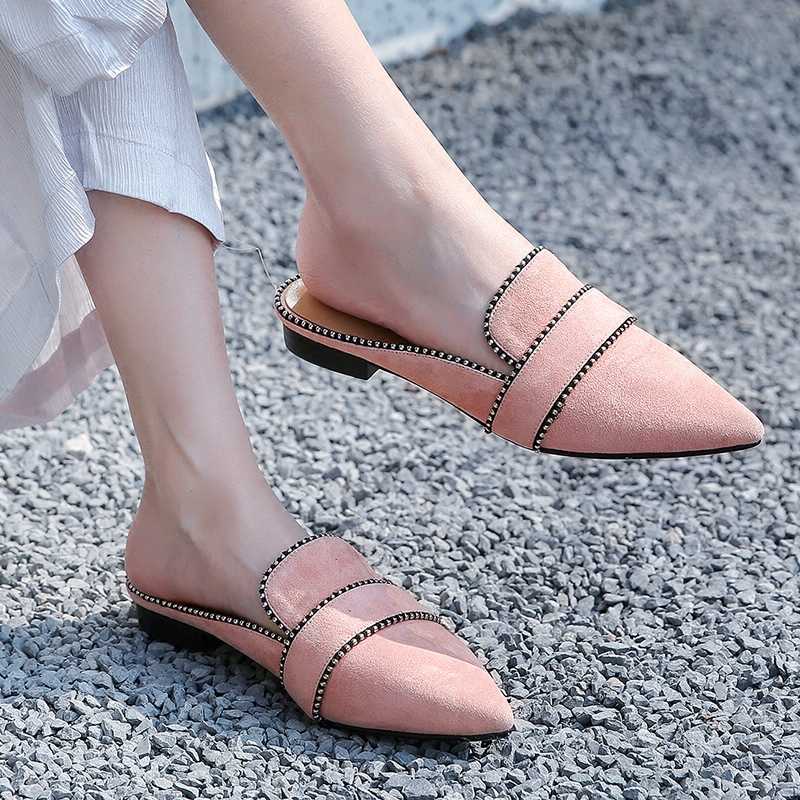 

Suede Pink Flat Mules Bordered Pointed Slip-on Slides Lady Elegant Dress Slippers Formal Shoes Women, Black