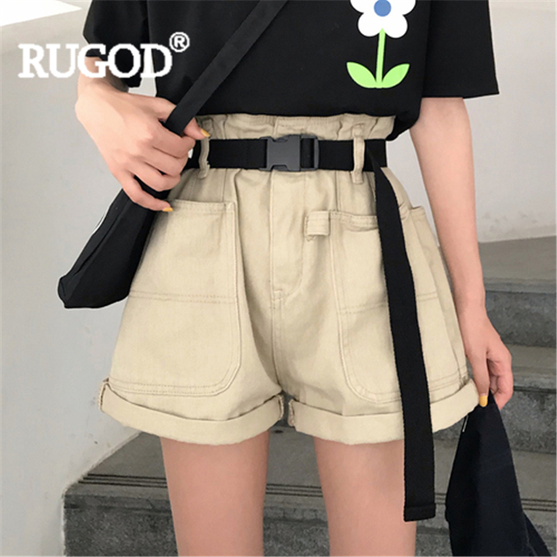 

RUGOD Women denim shorts solid high waist loose plus size shorts with belt 2020 new summer fashion female casual slim, Beige