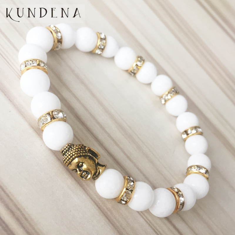 

Women Gold Buddha Bracelet Mala Beaded White Stone Jewelry Gold Rhinestone Spacer Buddhist Wrists Bracelet