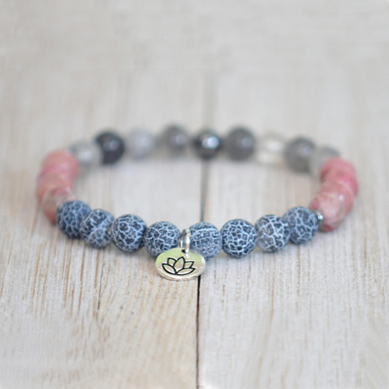 

8mm Rhodonite Grey Quartzs Weathering A-gate Stack Bracelet Women Lovely Lotus OM Pink Beaded Bracelet Jewelry Women