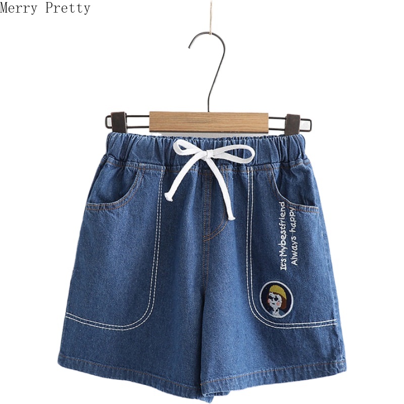

Cartoon Embroidery High Waist Denim Shorts With Pockets Elastic Waist Straight Loose Hot Shorts Summer Vintage Short Jeans Pants, Blue