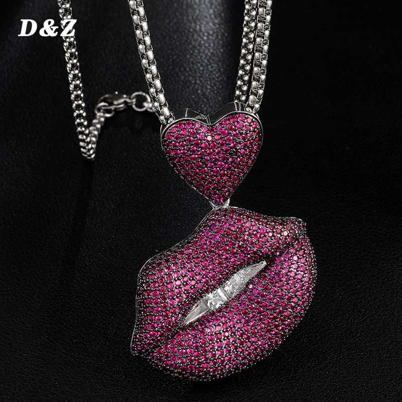 

D&Z Iced Out Zircon Stones Purple Lips With Heart Pendant With 4mm Tennis Chain Men's Hip hop Jewelry Jewelry Pendants Necklace