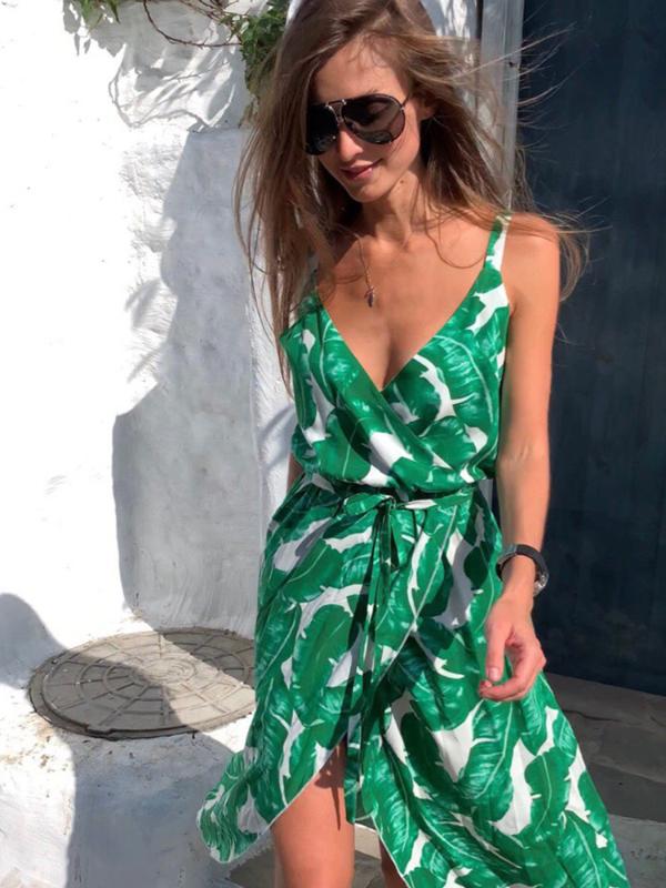 

Summer Women' New Leaf Chiffon Sling Sleeveless V-Neck Irregular Dress Fashion Beach Travel Holiday Dress High Waist dress2020, Green
