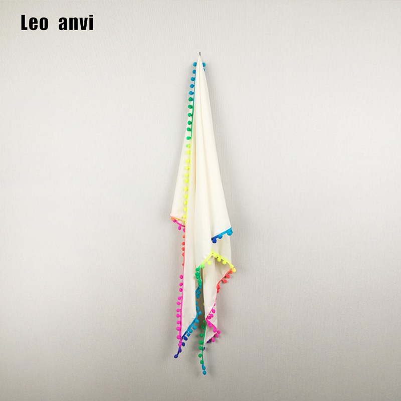 

Leo anvi fashion design Triangle Scarves with rainbow colors pom soft cotton Knitted Ivory white summer women scarf and shawl