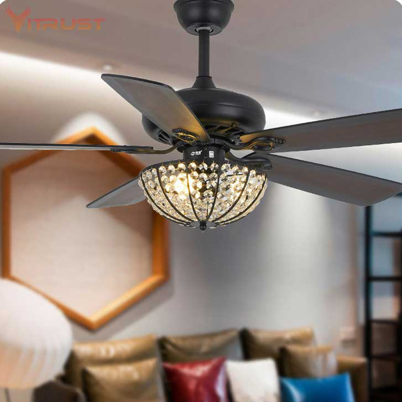 

Vintage wooden ceiling fan with lamp Crystal Wood Leaf Fan Light Black Dining Room Ceiling Light with remote control