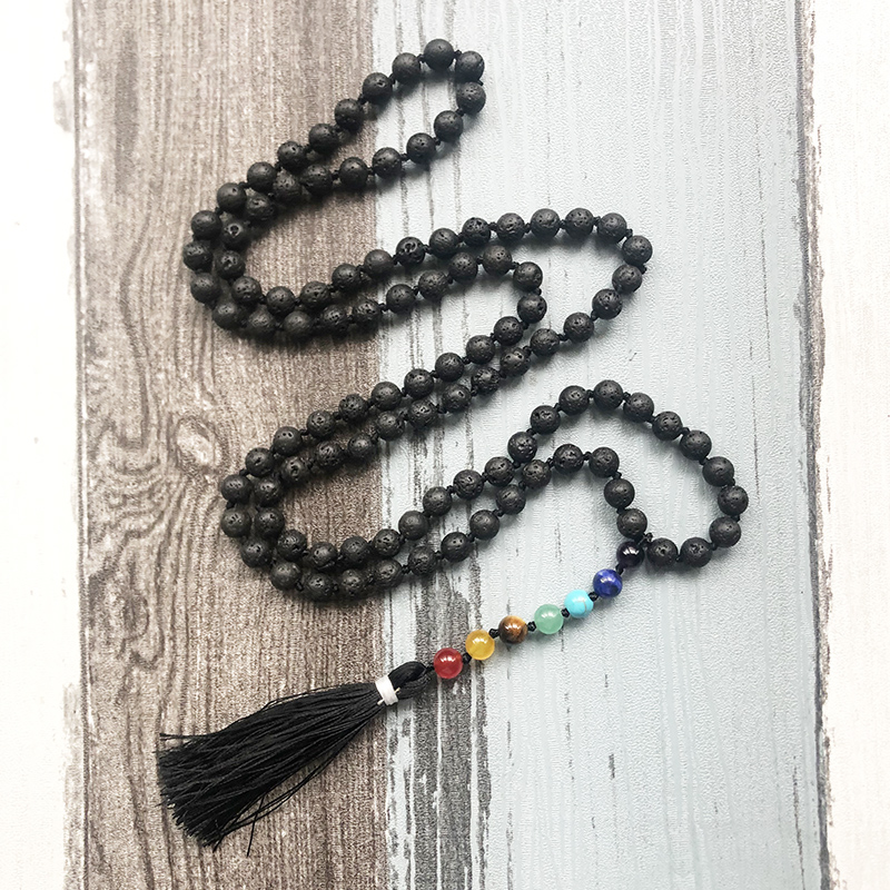 

108 Beads Natural Lava Stone Mala Necklace 8mm Prayer Beads Tassel Yoga Gift 7 Chakra Meditation Necklace Healing Jewelry Women