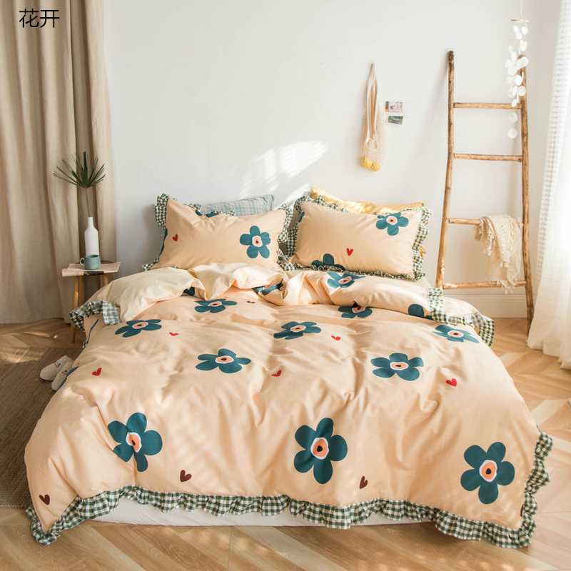 

Korean 100%cotton bedding set Large lotus leaf Gray bedspread embroidered lace set bowknot Luxury princess printed quilt cover