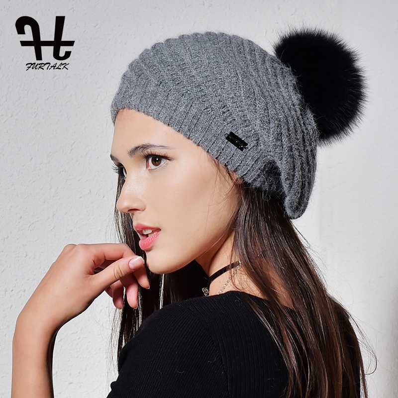

FURTALK Angola fur beret hats for women warm winter women fur pom pom hat knit beanie for girls, Grey