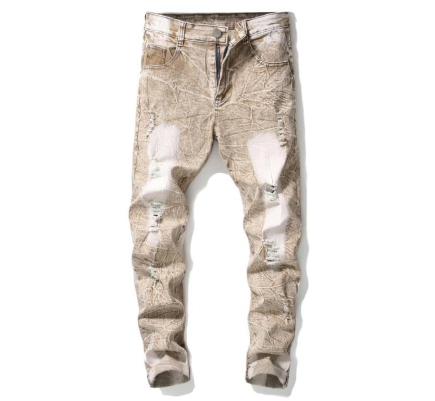 

Ripped Cotton Destressed Denim Men's Snow Washed Stretch Moto Pants khaki Biker Jeans Straight Slim Trousers Size 30-44